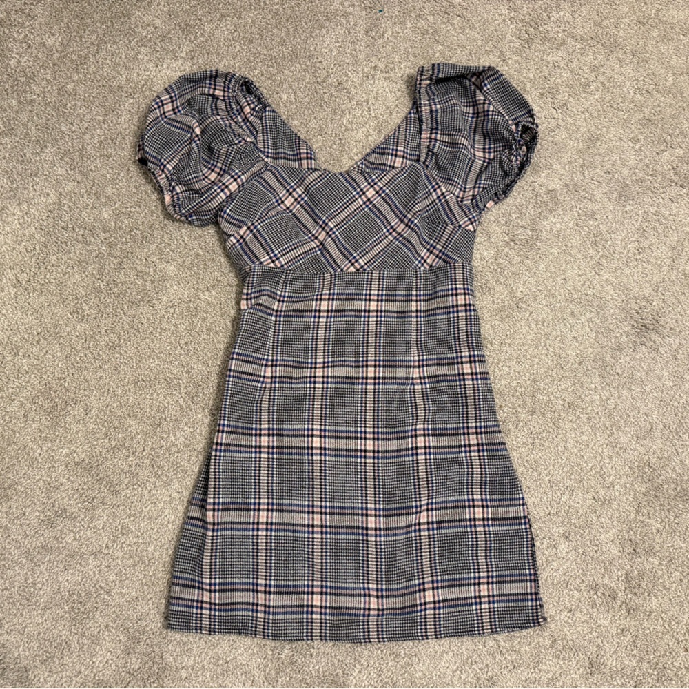 Altar’d State Chic Blue and Pink Plaid Dress with Puff Sleeves & Square Neck